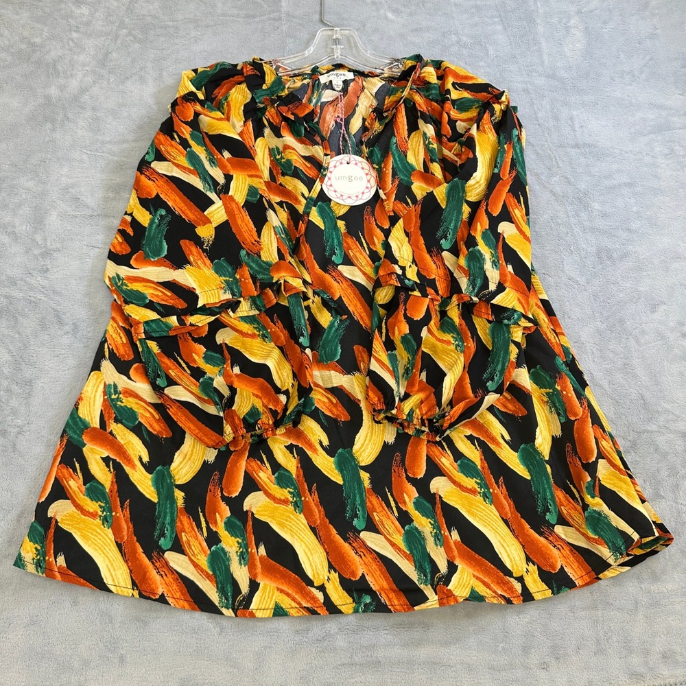 NWT Umgee USA Womens Large Abstract Brushstroke Ruffle Tie Neck Blouse B8363